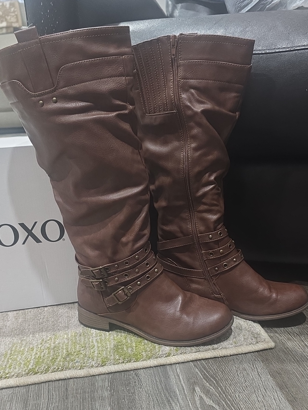 XOXO Women's Brown Wide Calf Buckle Strap Boots Sz 8